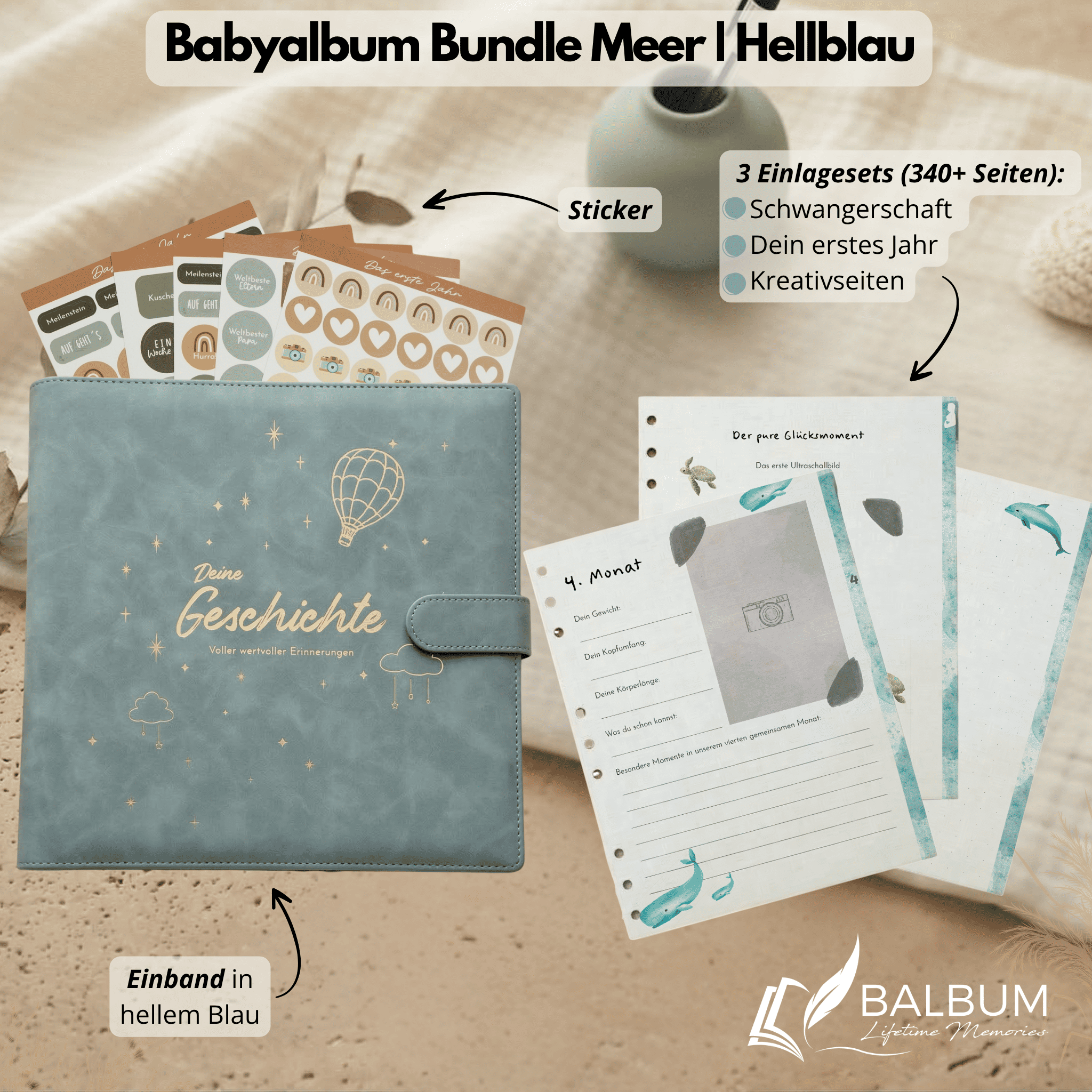 Babyalbum Bundle – Schwangerschaft & erstes Jahr – Meer | Einband Hellblau