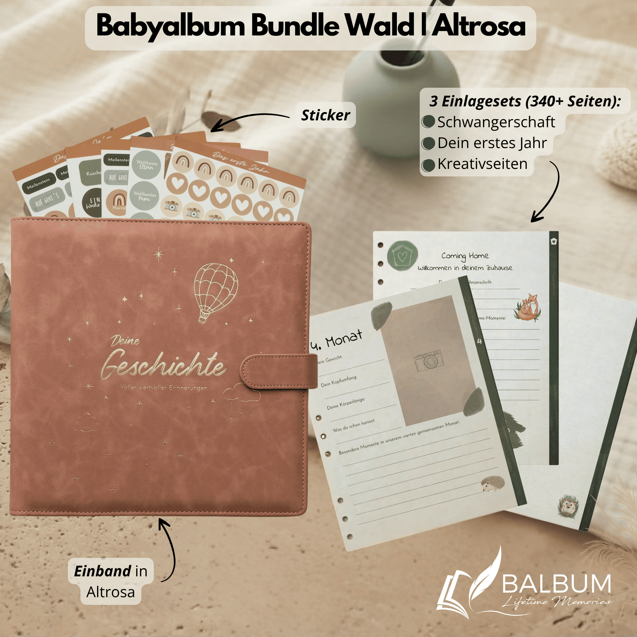Babyalbum Bundle – Schwangerschaft & erstes Jahr – Wald | Einband Altrosa
