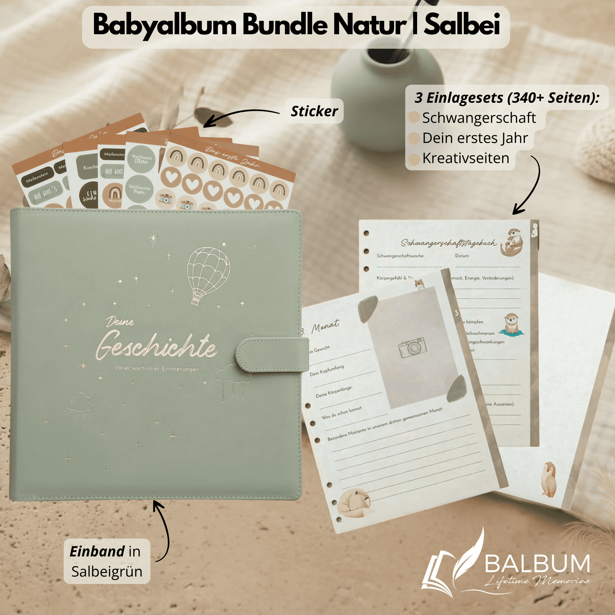 Babyalbum Bundle – Schwangerschaft & erstes Jahr – Natur | Einband Salbeigrün